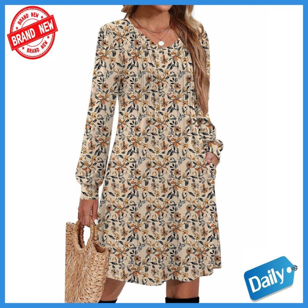 Long Sleeve Pleated V Neck A Line Tunic Dress Casual Fall Winter